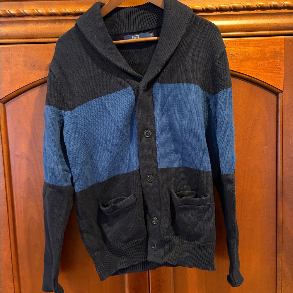 Very Nice J. Crew Men's Blue and Black Shawl Collar Cardigan - size medium